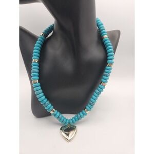 J.Crew Turquoise Blue Beaded Heart Pendant Statement Necklace Gold Tone Accent